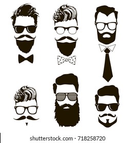 Set of vector bearded men faces, hipsters with different haircuts, mustaches, beards, sunglasses.