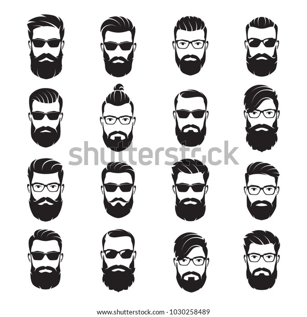 Set of vector bearded men faces hipsters\
with different haircuts, mustaches, beards, sunglasses.\
Silhouettes, avatars, emblems, icons,\
labels.