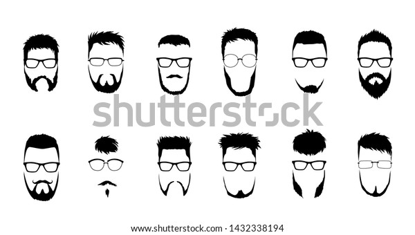 髭を生やした男性の顔を持つベクター画像のセット 異なる髪形 口ひげ ひげを持つヒップスター シルエット エンブル アイコン ラベル のベクター画像素材 ロイヤリティフリー