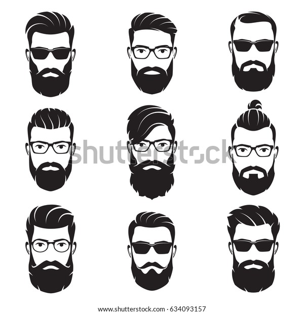 Set of vector bearded men faces hipsters with\
different haircuts, mustaches, beards. Silhouettes, avatars, heads,\
emblems, icons, labels.