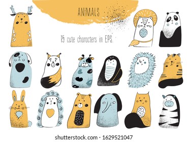 Set of vector beautiful animals in doodle style with noisy texture.