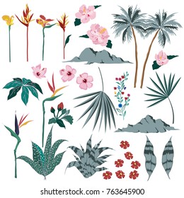 Set of  vector  beautiful artistic bright tropical with exotic forest. Colorful original stylish floral background print, bright rainbow colors on white.