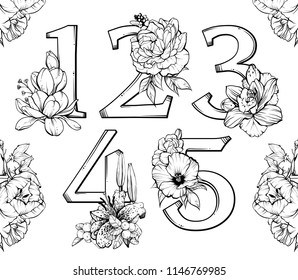 Set of vector beautiful elegant numbers 1, 2, 3, 4, 5 with flowers and floral compositions. Black and white linear graphics