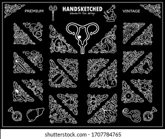 Set of vector beautiful elements for design in medical theme. Triangle ornate corners, consist from hand drawn wave medical tools, human organs, stethoscope, heart, tooth, syringe. Chalkboard style