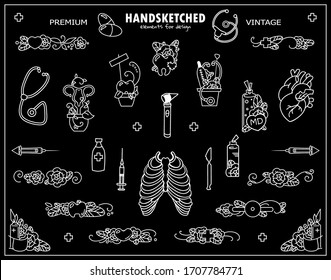 Set of vector beautiful elements for design in medical theme. Ornate arts and dividers consist from hand drawn wave medical tools, human organs, stethoscope, teeth, rib and roses. Chalkboard style