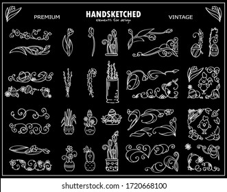 Set of vector beautiful elements for Easter design. Corners, dividers, icons consist from hand drawn bunnies, eggs, flowers, flower pots, tulips, chickens and grass. Chalkboard style