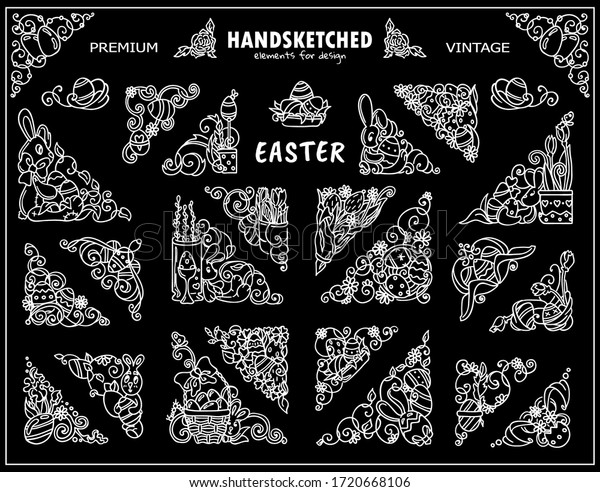 Set of vector beautiful elements for Easter design.\
Triangles, ornate corners for frames and dividers, consist from\
hand drawn wave bunny, eggs, toys, flowers and grass. Chalkboard\
style
