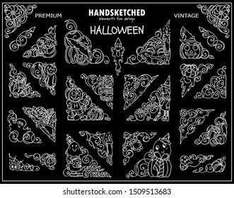 Set of vector beautiful elements for Halloween design. Triangles, ornate corners for frames and dividers, consist from hand drawn wave pumpkins, kids, leaves, ghosts, witches, cute monsters. Chalkboar