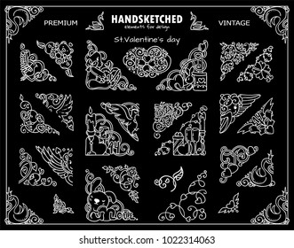 Set of vector beautiful elements for Valentine's day design. Triangle ornate Corners, consist from hand drawn wave hearts, birds, swan, dove, bears, bunnies, angel Cupid with wings. Chalkboard style