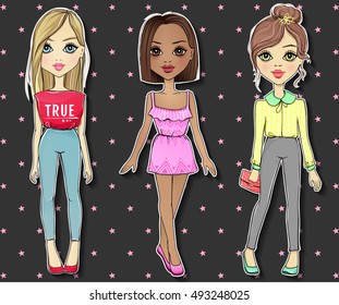 Set with vector beautiful fashionable girls. Cute girl.Fashion models.Young women. Stylish sketch illustration. Cartoon teens.Hand drawn girls in outfits.Beauty chicks.Blonde,brunette and brown-haired