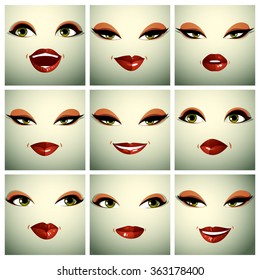 Set of vector beautiful female simple portraits with stylish makeup, green eyes and red lips. Women face features expressing different emotions.