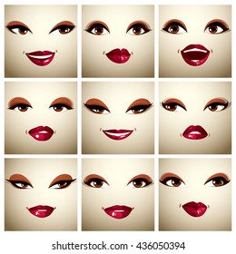 Set of vector beautiful female simple portraits with stylish makeup, brown eyes and red lips. Women face features expressing different emotions.