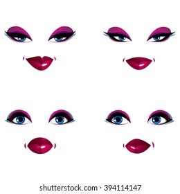 Set of vector beautiful female visage with stylish makeup, eyes and lips. Women face features expressing different emotions.