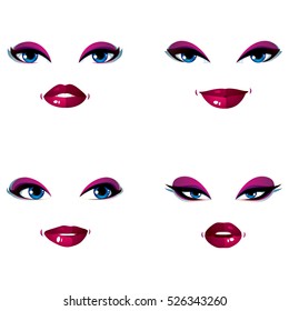 Set of vector beautiful female visage with stylish makeup, eyes and lips. Women face features expressing different emotions.
