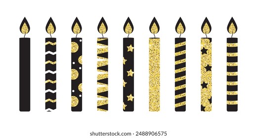 Set of vector beautiful gold  glitter candles for the cake on white backgroud. Set of candles for birthday cake. Stylish set of candles.