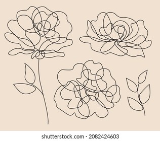 Set of vector beautiful linear flowers and leaves. Vector rose. Vector peony.