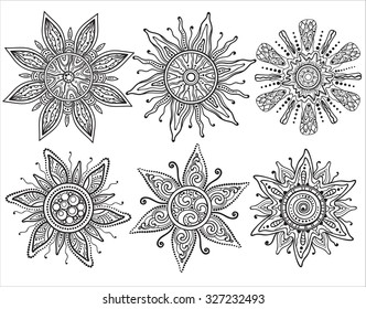 Set of vector beautiful ornate suns in graphic style.