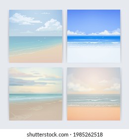 Set von Vektorgrafik schöne realistische Illustration des sandigen Sommers Strand. Planvorlage für Sommerferien-Quadrate
