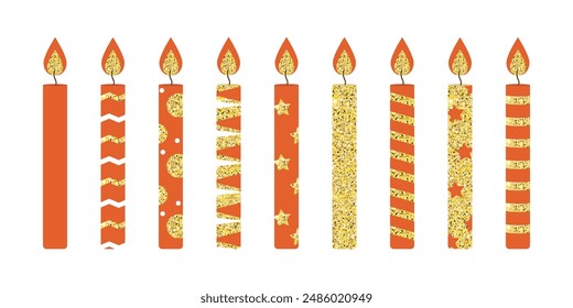 Set of vector beautiful red glitter candles for the cake on white backgroud. Set of candles for birthday cake. Stylish set of candles.

