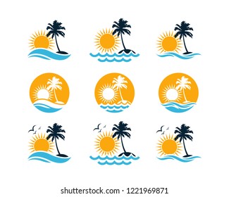 Set Vector Beautiful Sunset and Sunrise on the Waves of the Beach with palm trees and Flying Birds Sign Symbol Icon Traveling or Holiday Logo Flat Template Design Inspiration