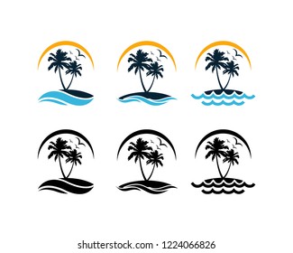 Set Vector Beautiful Sunset and Sunrise on the Waves of the Beach with palm trees and Flying Birds Sign Symbol Icon Traveling or Holiday Company Logo Template Design Inspiration
