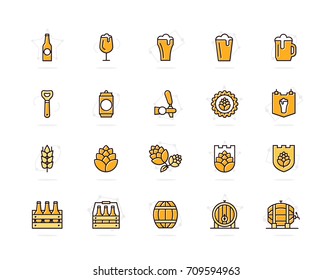 Set of vector beer and bar, pub colored line icons. Alcohol, bottle, mug, barley, hop, barrel, ale, froth, keg, beaker, jar and more. Editable Stroke.