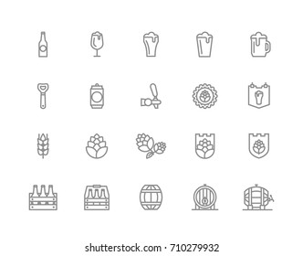 Set of vector beer and bar, pub line icons. Alcohol, bottle, mug, barley, hop, barrel, ale, froth, keg, beaker, jar and more. Editable Stroke.