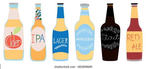 Set of vector beer bottles:IPA,lager,stout,red ale,apple cider isolated on a white background.