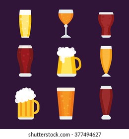 Set of vector beer glasses. Beer bottle, beer cup, oktoberfest flat retro vector icon set.