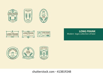 Set of vector beer outline logos, badges. Line art. Green