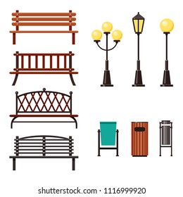 Set of vector benches, lights and rubbish buns for your city. Town elements. Street objects. Make your own street.