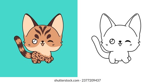 Set Vector Bengal Cat Multicolored and Black and White. Kawaii Clip Art Baby Kitty. Cute Vector Illustration of a Kawaii Animal for Stickers, Baby Shower, Coloring Pages. 