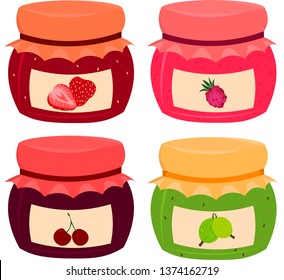 Set of vector berry jams: lubny, raspberry, cherry, gooseberry. Ingredients for breakfast, dessert. Design for logo, cafe, menu.