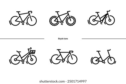 Set of vector bicycle icons. Bike sighs. Different types of bicycles. Bikes isolated on transparent background. Electric, road, mountain, hybrid, city, cruiser, folding bike logotypes. Thin line logo 