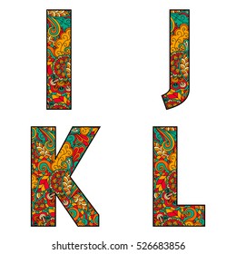 Set of vector big letters with a bright pattern doodle. Letter I, L, K, L