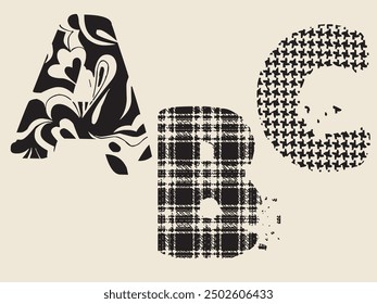 Set of vector big letters with pattern doodle. Hand drawing A B C alphabet, grunge letter A B C alphabet symbol design, letter A B C logo new vector, letter A B C with ink stroke, grunge letters