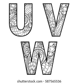 Set of vector big letters with pattern doodle. Letter U, V, W.