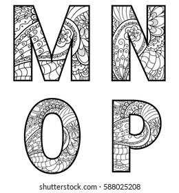 Set of vector big letters with pattern doodle. Letter M, N, O, P.
