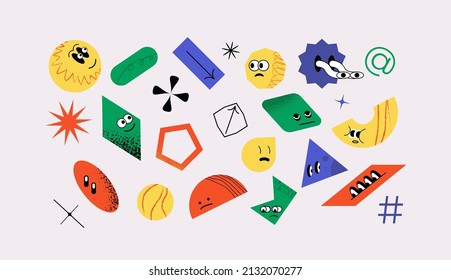 Set of vector big-eyed funny geometric objects and shapes with emotions on the face