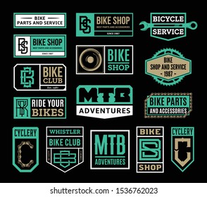 Set of vector bike shop, bicycle service, mountain biking clubs and adventures badges and icons isolated on a black background