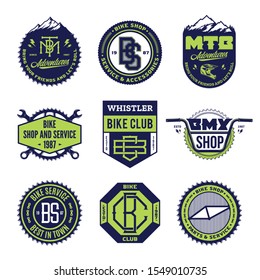 Set of vector bike shop, bicycle service, mountain biking clubs and adventures logo, badges and icons