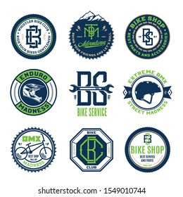 Set of vector bike shop, bicycle service, mountain biking clubs and adventures logo, badges and icons