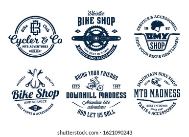 Set of vector bike shop, bicycle service, mountain biking vintage logo, badges and icons