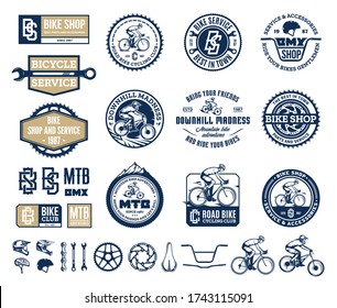 Set of vector bike shop, club, bicycle service, mountain and road biking logo and icons