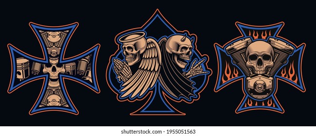 Set of vector biker patches with a motorcycle engine, skulls. This illustration can be used as a logo, apparel designs, and many other uses.