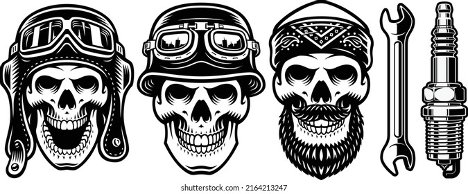 a set of vector biker skulls, these illustrations can be used as t-shirt prints