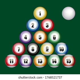 Set of Vector Billiard balls icon. Realistic illustration of Pool Billiard balls for web design, logo, icon, app, UI. Isolated stock illustration on green background