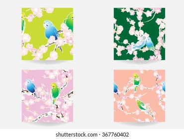 Set vector bird and cherry seamless background