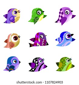 set of vector birds, funny bird on white