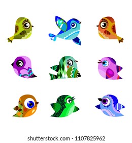 set of vector birds, funny bird on white